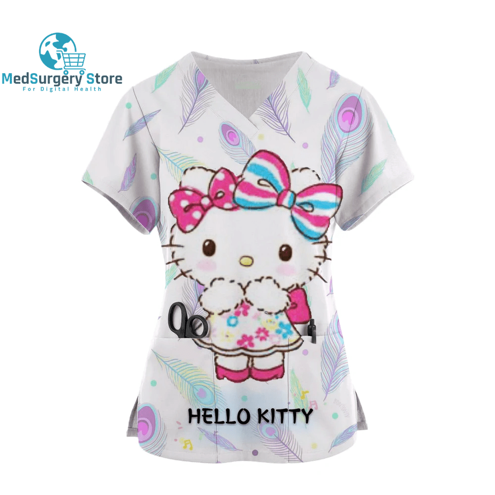 2024 Kawaii Nurse Uniform Scrubs Womens Cartoon Hello Kitty Print Short Sleeve Pocket Overalls Uniforms Medical Nursing Blouse
