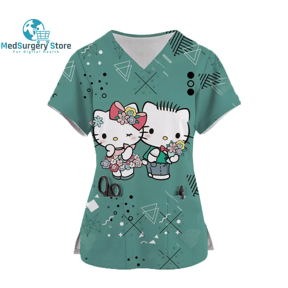 2024 Kawaii Nurse Uniform Scrubs Womens Cartoon Hello Kitty Print Short Sleeve Pocket Overalls Uniforms Medical Nursing Blouse