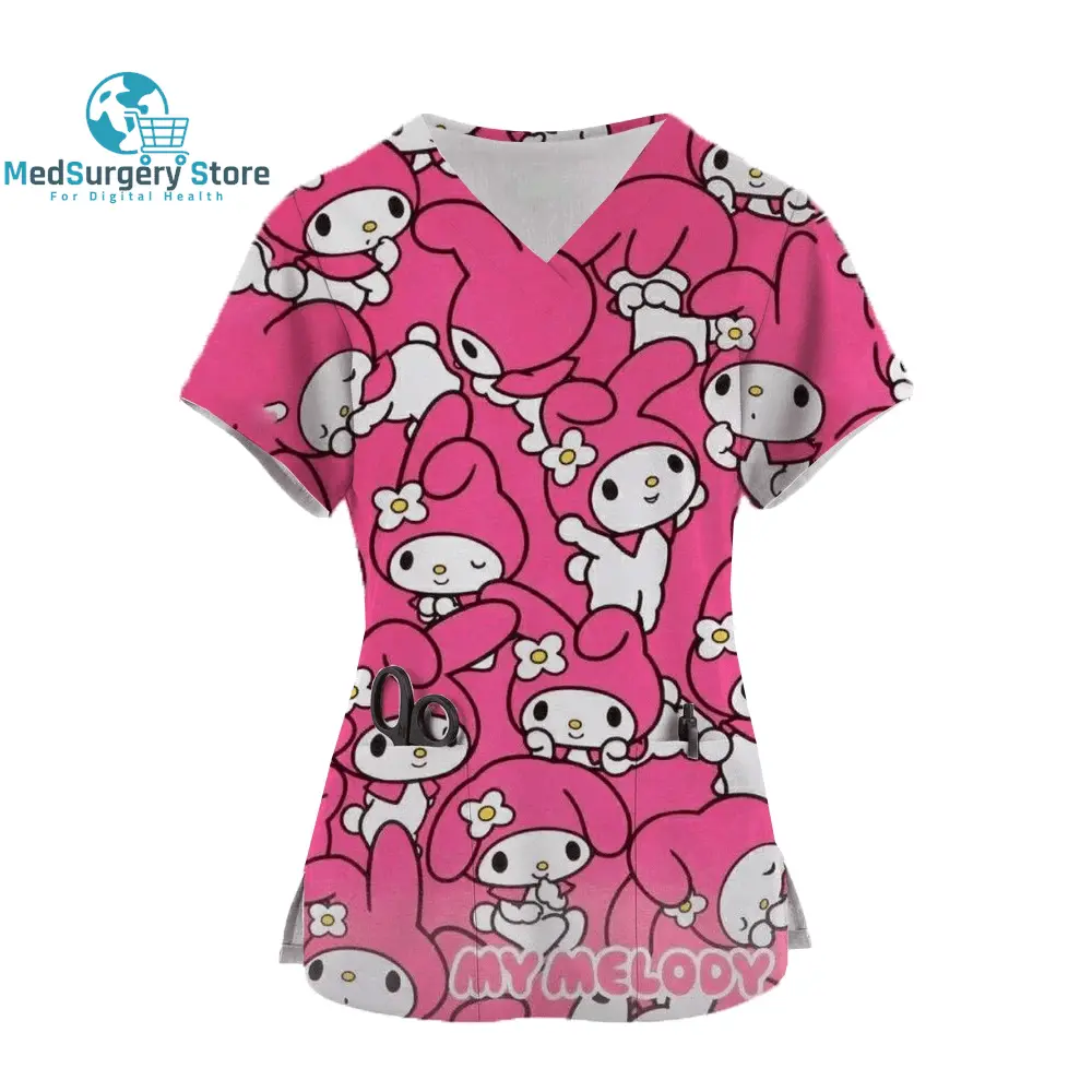 2024 Kawaii Nurse Uniform Scrubs Womens Cartoon Hello Kitty Print Short Sleeve Pocket Overalls Uniforms Medical Nursing Blouse