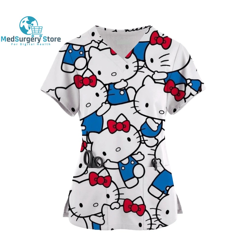 2024 Kawaii Nurse Uniform Scrubs Womens Cartoon Hello Kitty Print Short Sleeve Pocket Overalls Uniforms Medical Nursing Blouse
