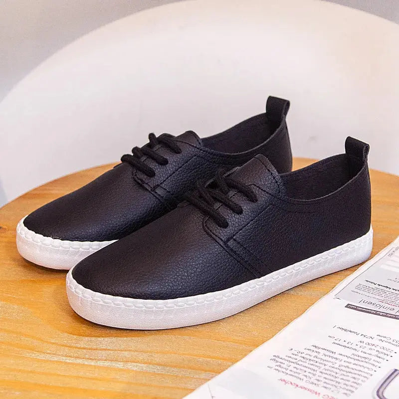 Zapatillas de deporte blancas para mujer, Color sólido, estilo básico, zapatos de señora que combinan con todo, tacón plano, cuero suave con cordones, zapato negro para niñas de buena calidad MedSurgery Store For Digital Health