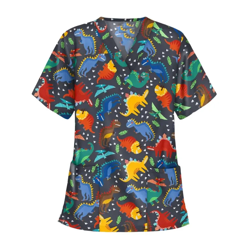 Uniforme quirúrgico veterinario con estampado de viñetas de animales para mujer, Tops de moda con cuello en V, manga corta, médico para mascotas CJdropshipping