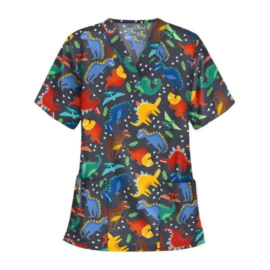 Uniforme quirúrgico veterinario con estampado de viñetas de animales para mujer, Tops de moda con cuello en V, manga corta, médico para mascotas CJdropshipping