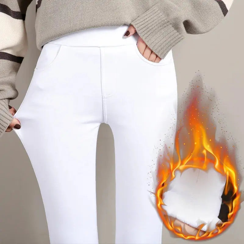 Leggings cálidos de invierno para mujer, pantalones ajustados gruesos de terciopelo, pantalones pitillo elásticos sólidos informales con cintura elástica, blanco y negro MedSurgery Store For Digital Health