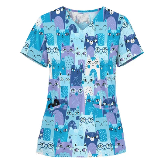 Uniforme quirúrgico veterinario con estampado de viñetas de animales para mujer, Tops de moda con cuello en V, manga corta, médico para mascotas CJdropshipping