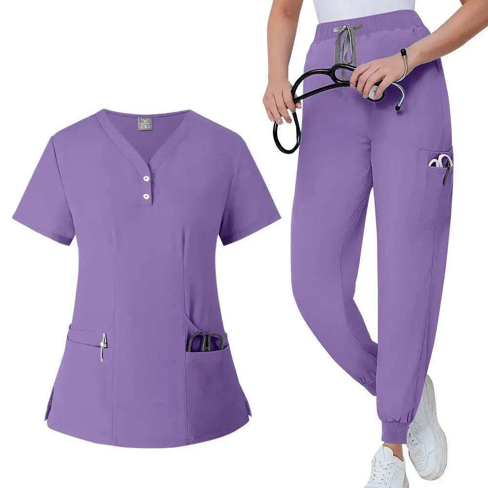 Conjunto de batas para mujer, Top con bolsillo y cuello en V, pantalones exfoliantes para correr con cordón, uniforme médico para enfermería, ropa de trabajo quirúrgica CJdropshipping