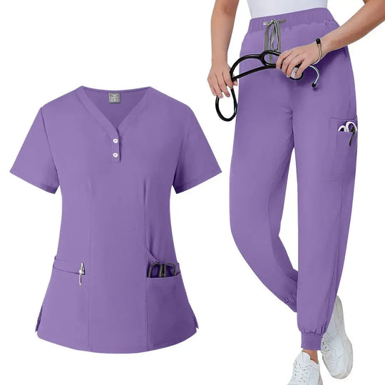 Conjunto de batas para mujer, Top con bolsillo y cuello en V, pantalones exfoliantes para correr con cordón, uniforme médico para enfermería, ropa de trabajo quirúrgica CJdropshipping