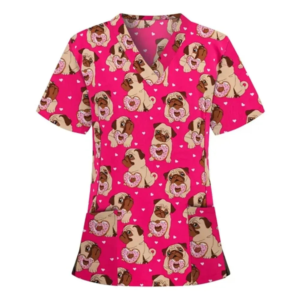 Uniforme quirúrgico veterinario con estampado de viñetas de animales para mujer, Tops de moda con cuello en V, manga corta, médico para mascotas CJdropshipping