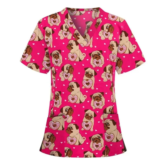 Uniforme quirúrgico veterinario con estampado de viñetas de animales para mujer, Tops de moda con cuello en V, manga corta, médico para mascotas CJdropshipping