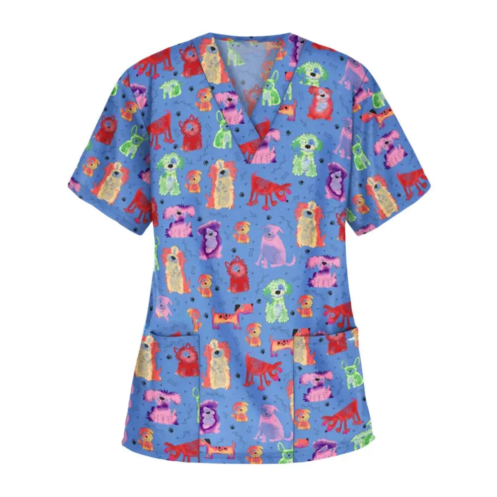 Uniforme quirúrgico veterinario con estampado de viñetas de animales para mujer, Tops de moda con cuello en V, manga corta, médico para mascotas CJdropshipping