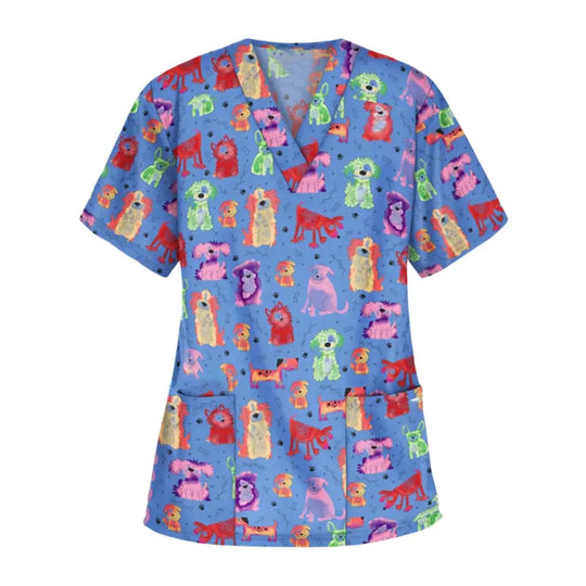 Uniforme quirúrgico veterinario con estampado de viñetas de animales para mujer, Tops de moda con cuello en V, manga corta, médico para mascotas CJdropshipping