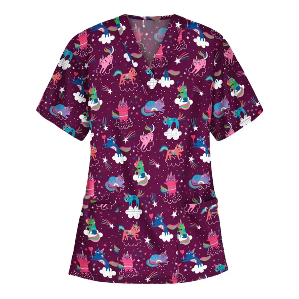 Uniforme quirúrgico veterinario con estampado de viñetas de animales para mujer, Tops de moda con cuello en V, manga corta, médico para mascotas CJdropshipping