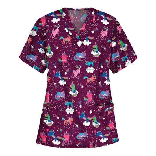 Uniforme quirúrgico veterinario con estampado de viñetas de animales para mujer, Tops de moda con cuello en V, manga corta, médico para mascotas CJdropshipping