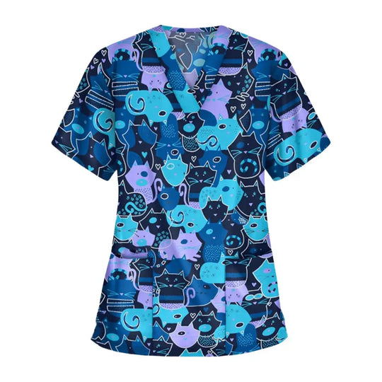 Uniforme quirúrgico veterinario con estampado de viñetas de animales para mujer, Tops de moda con cuello en V, manga corta, médico para mascotas CJdropshipping
