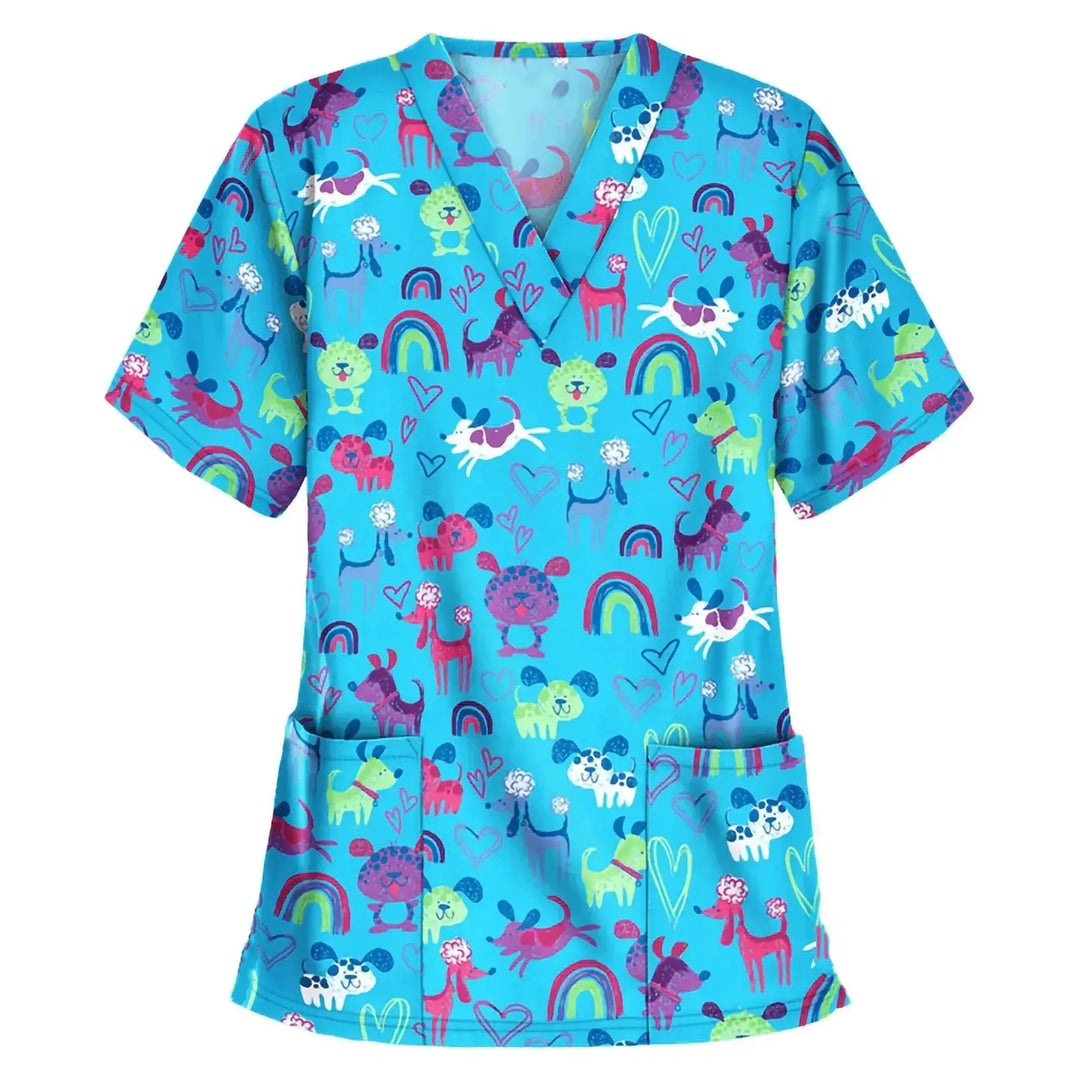 Uniforme quirúrgico veterinario con estampado de viñetas de animales para mujer, Tops de moda con cuello en V, manga corta, médico para mascotas CJdropshipping