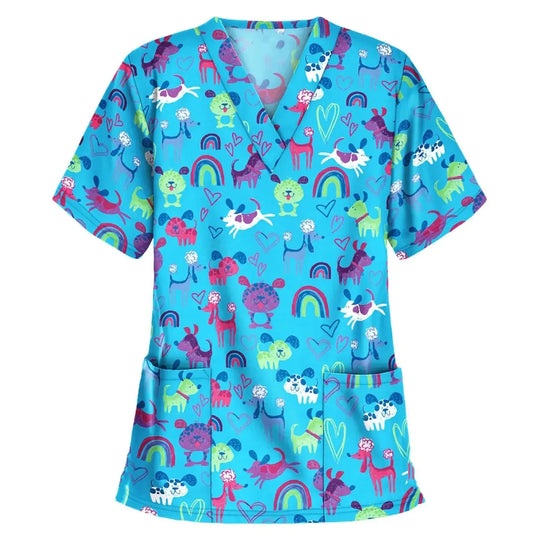 Uniforme quirúrgico veterinario con estampado de viñetas de animales para mujer, Tops de moda con cuello en V, manga corta, médico para mascotas CJdropshipping