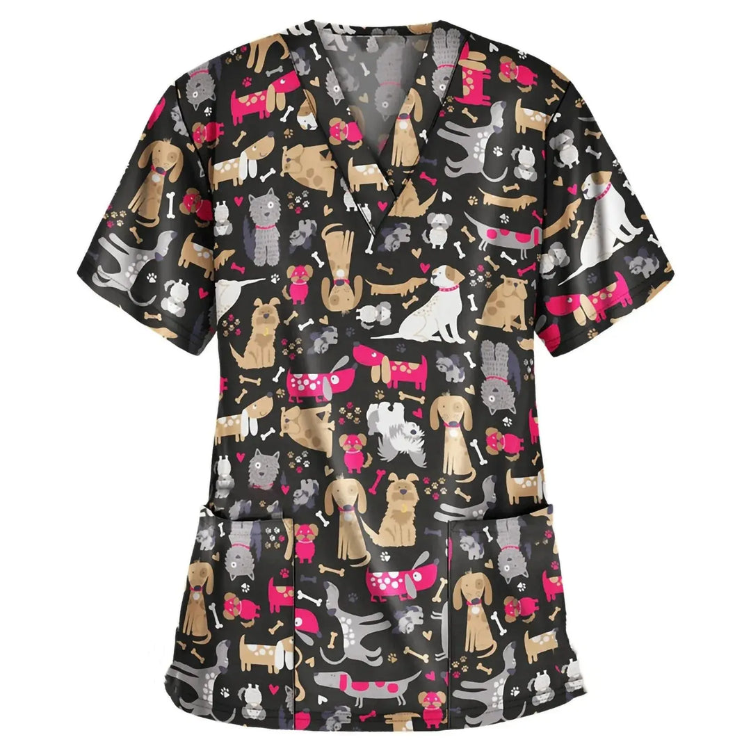 Uniforme quirúrgico veterinario con estampado de viñetas de animales para mujer, Tops de moda con cuello en V, manga corta, médico para mascotas CJdropshipping