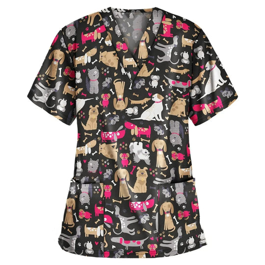 Uniforme quirúrgico veterinario con estampado de viñetas de animales para mujer, Tops de moda con cuello en V, manga corta, médico para mascotas CJdropshipping