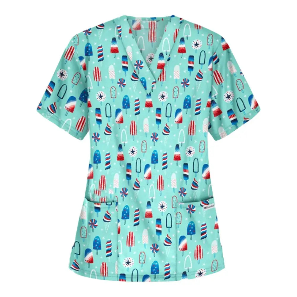 Uniforme quirúrgico veterinario con estampado de viñetas de animales para mujer, Tops de moda con cuello en V, manga corta, médico para mascotas CJdropshipping