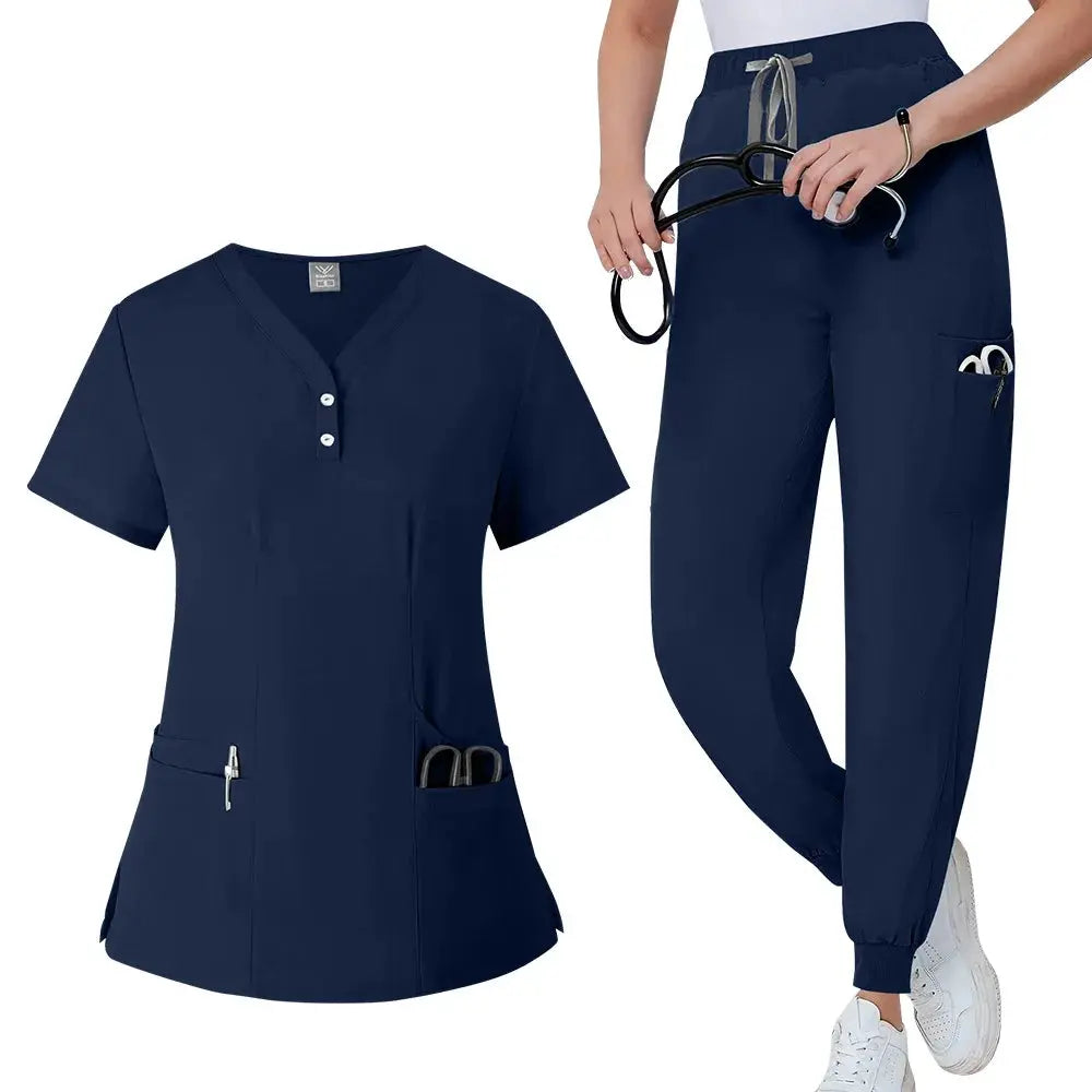 Conjunto de batas para mujer, Top con bolsillo y cuello en V, pantalones exfoliantes para correr con cordón, uniforme médico para enfermería, ropa de trabajo quirúrgica CJdropshipping