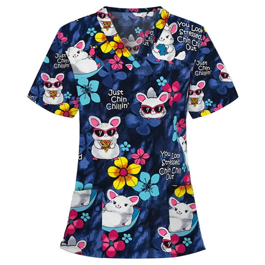 Uniforme quirúrgico veterinario con estampado de viñetas de animales para mujer, Tops de moda con cuello en V, manga corta, médico para mascotas CJdropshipping