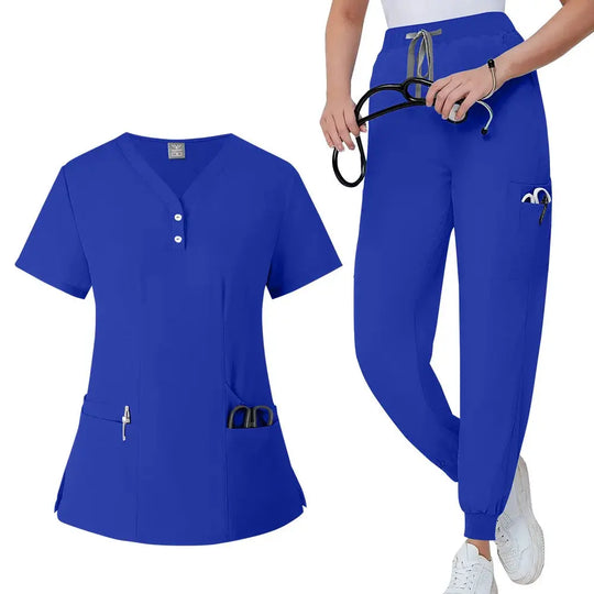 Conjunto de batas para mujer, Top con bolsillo y cuello en V, pantalones exfoliantes para correr con cordón, uniforme médico para enfermería, ropa de trabajo quirúrgica CJdropshipping