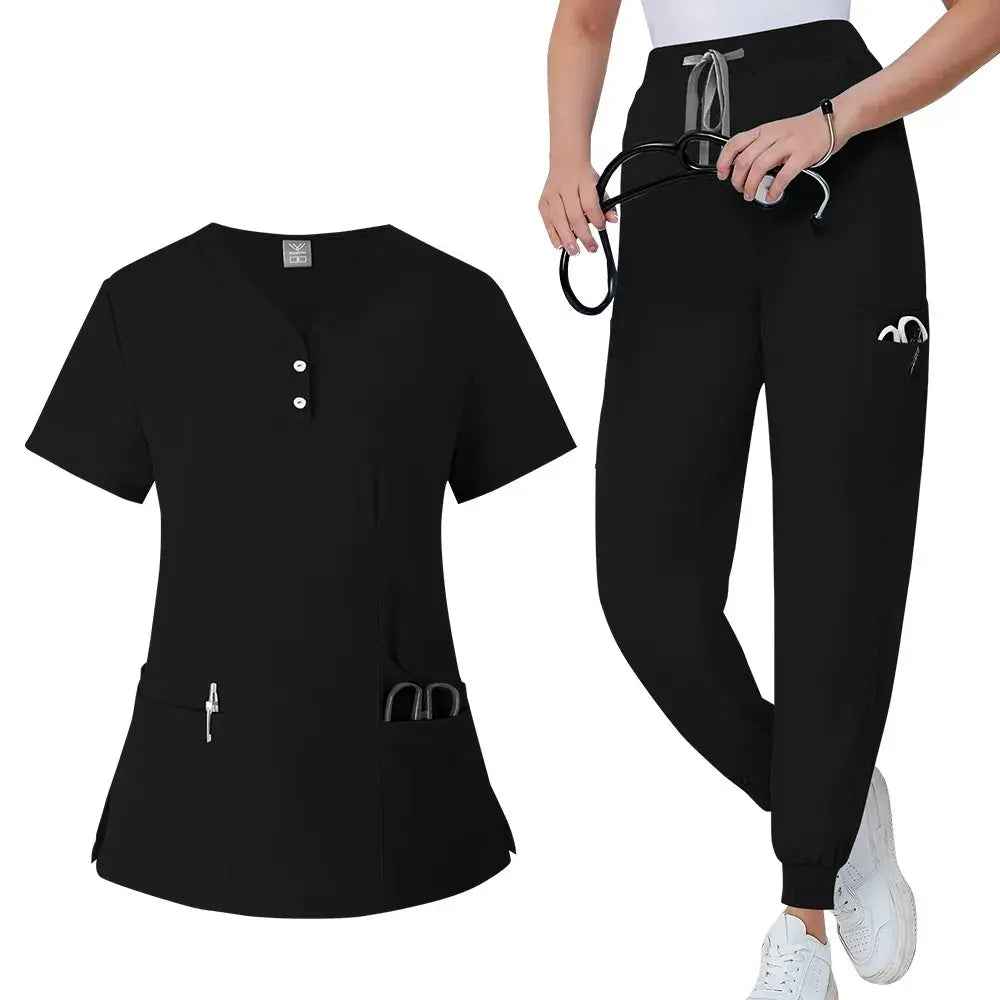 Conjunto de batas para mujer, Top con bolsillo y cuello en V, pantalones exfoliantes para correr con cordón, uniforme médico para enfermería, ropa de trabajo quirúrgica CJdropshipping