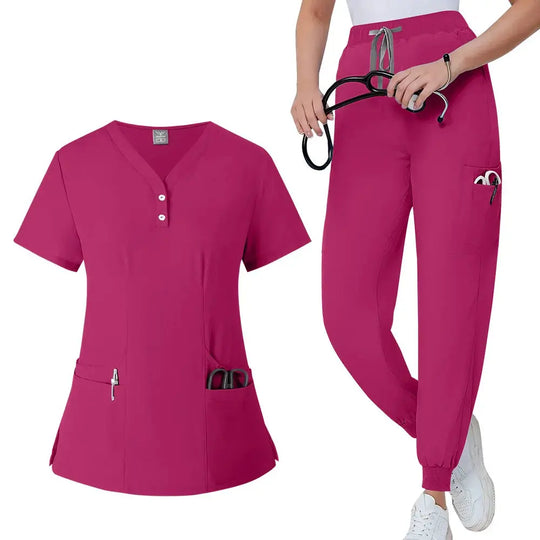 Conjunto de batas para mujer, Top con bolsillo y cuello en V, pantalones exfoliantes para correr con cordón, uniforme médico para enfermería, ropa de trabajo quirúrgica CJdropshipping