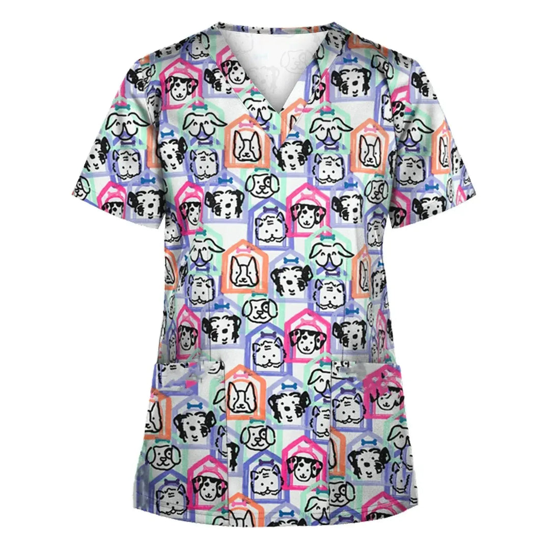 Uniforme quirúrgico veterinario con estampado de viñetas de animales para mujer, Tops de moda con cuello en V, manga corta, médico para mascotas CJdropshipping