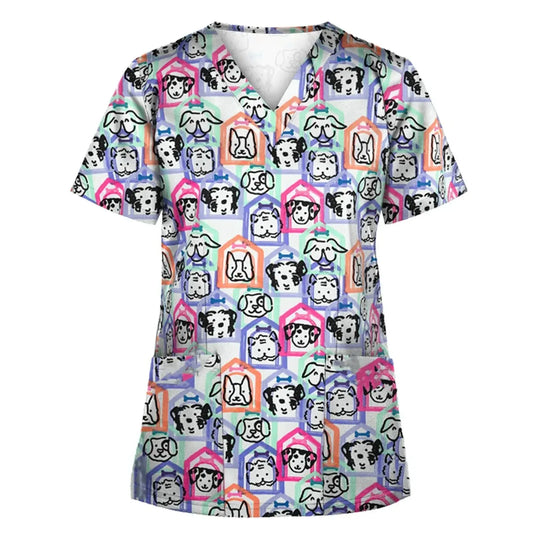 Uniforme quirúrgico veterinario con estampado de viñetas de animales para mujer, Tops de moda con cuello en V, manga corta, médico para mascotas CJdropshipping