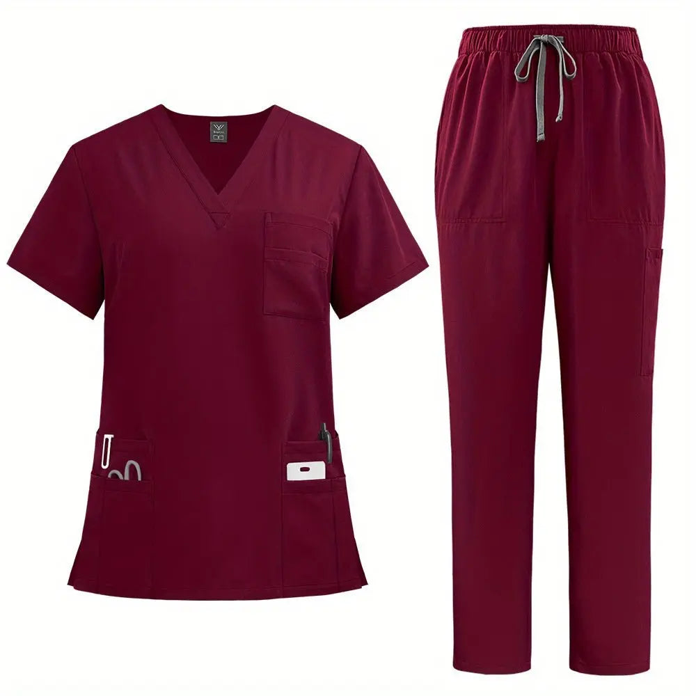 Women's Professional Medical Scrub Set - Comfort Fit, V - Neck Top with Pockets & Straight Leg Pants for Doctors and Nursesdsers - fulfillment - serviceMedSurgery Store For Digital Health601099614988804 - Wine - SWineSWomen's Professional Medical Scrub Set - Comfort Fit, V - Neck Top with Pockets & Straight Leg Pants for Doctors and Nurses